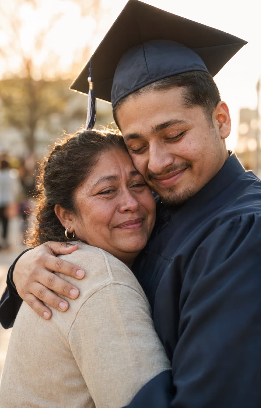 A first-generation graduate in cap and gown embracing his proud, emotional mother